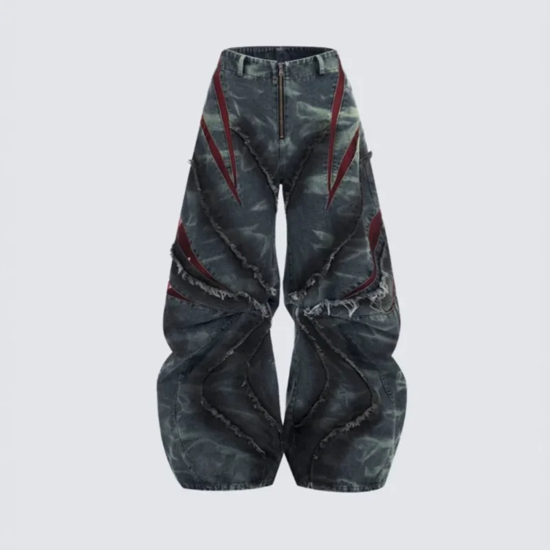 MWJLPWQ American High Street Heavy-Duty Washed Curved Hem Jeans Men 2026 Spring Autumn Frayed Edge Mesh Patchwork Pants 20004