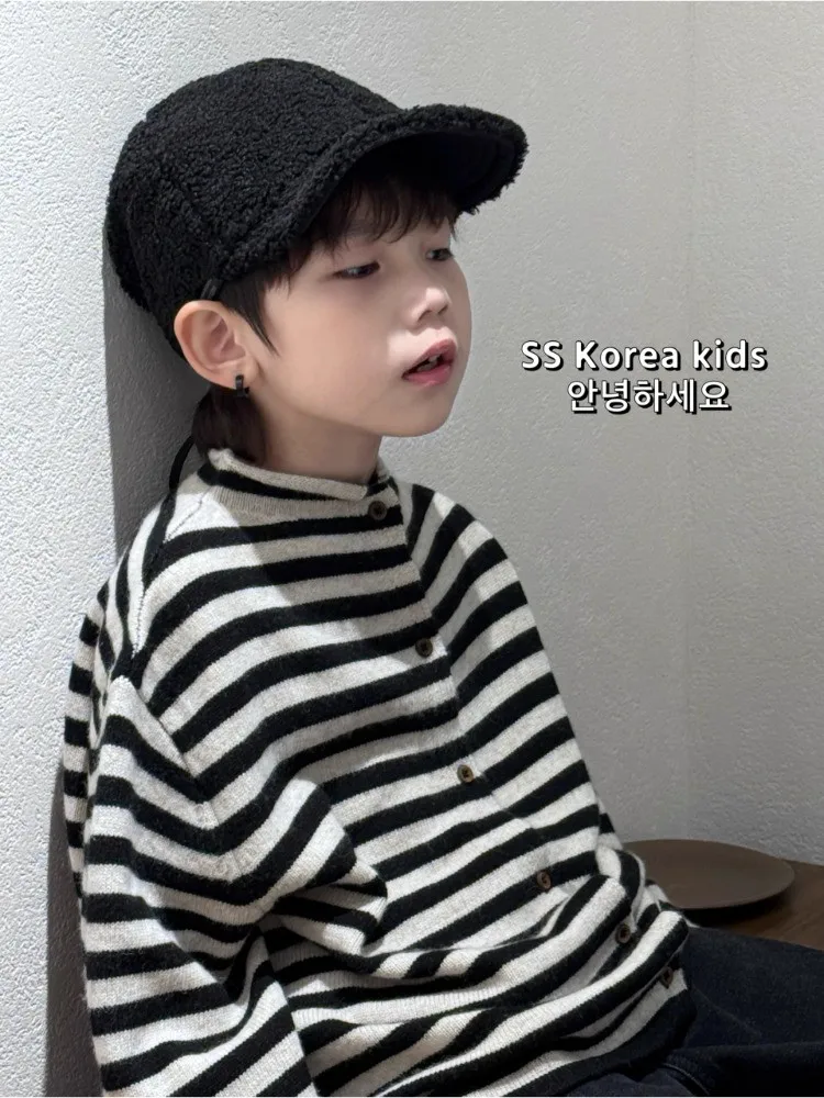 Boys High End Handsome Knitted Sweater Cardigan 2026 Spring and Autumn New Striped Jacket Top
