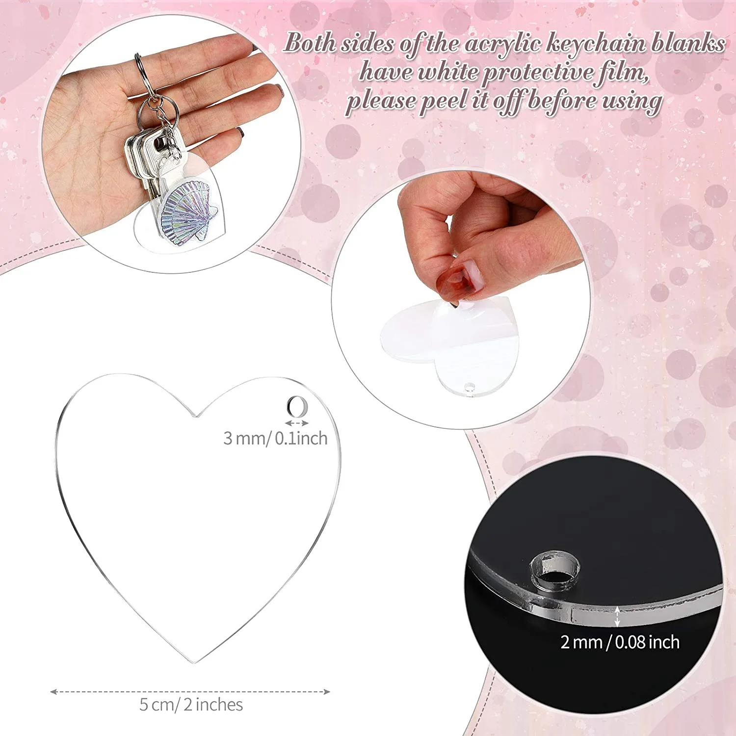 150 Pcs Heart Shape Acrylic Keychain Blanks 2 Inch Clear Acrylic Discs Ornaments Transparent for DIY Keychain Crafts