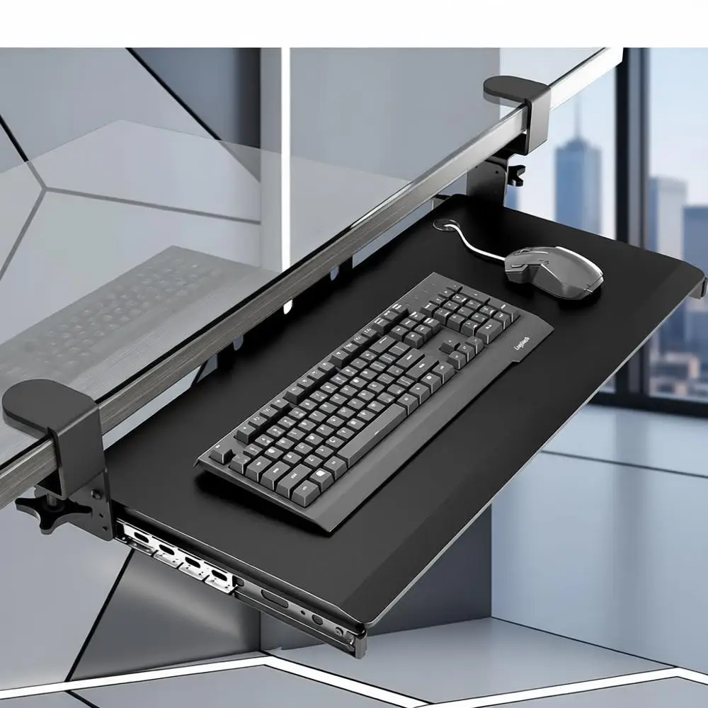 

Under Desk Pull-Out Keyboard Tray with Adjustable C Clamp Mount, 27.3 x 11 Slide-Out Platform, Black
