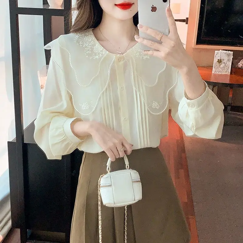 New French Doll Neck Chiffon Shirt for Women Long Sleeved Lace Versatile Stylish and Slimming Top