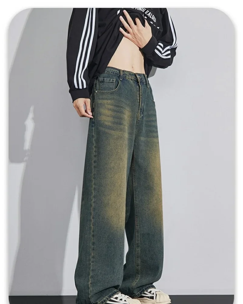 جينز جديد ذو سكين منحني للرجال بنطال جينز أمريكي عتيق مغسول بأرجل واسعة للفصول الأربعة فضفاض مستقيم الساق يشعر جينز الشارع