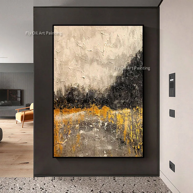 Modern Abstract Nature Oil Painting, Dark Forest Silhouette with Vibrant Golden Grass, Textured Vertical Canvas Wall Decor