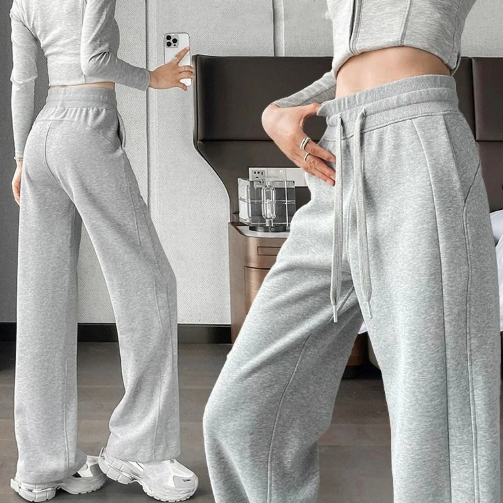 

Comfortable High Waist Straight Pants Solid Color Simple Wide Leg Pants Drawstring Trousers Casual Pants Women Spring