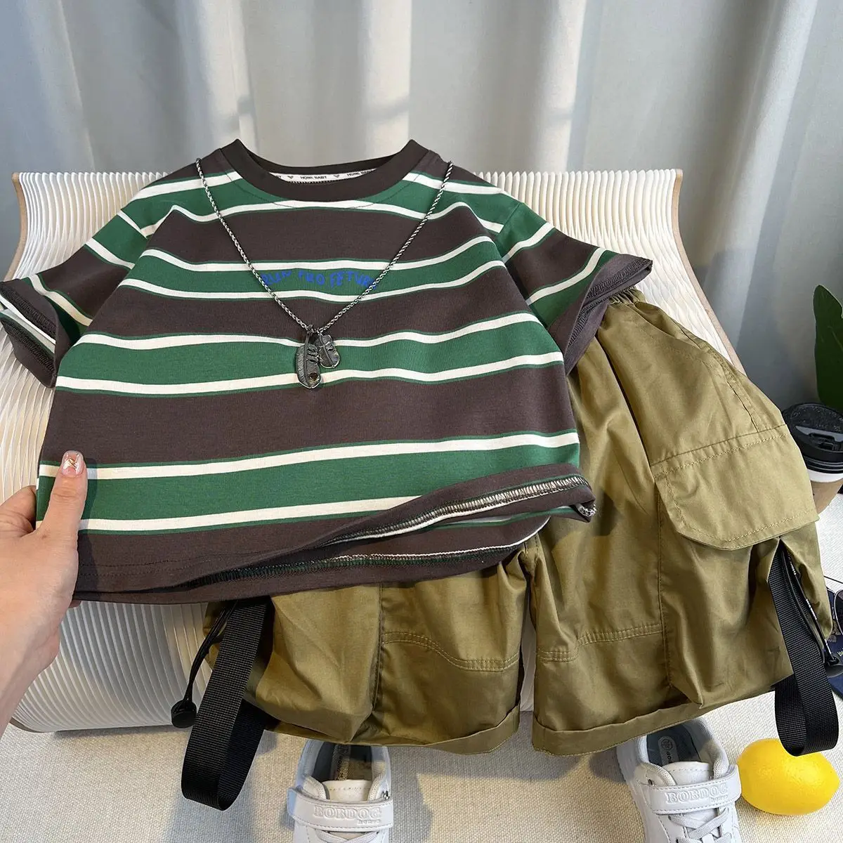 

Stripes T-shirt and Overalls Outdoor Clothing T-shirts for Children Boys' Clothes Set Children's Top Bottom Kids 2025 New Cotton