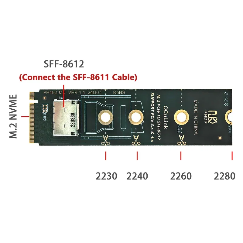 M.2 PCIe X4 M مفتاح إلى SFF-8612 شاحن أنثي محول NVME إلى بطاقة OCulink Riser لـ 2230-2280 U.2 U.3 SSD دعم PCIe 3.0/4.0