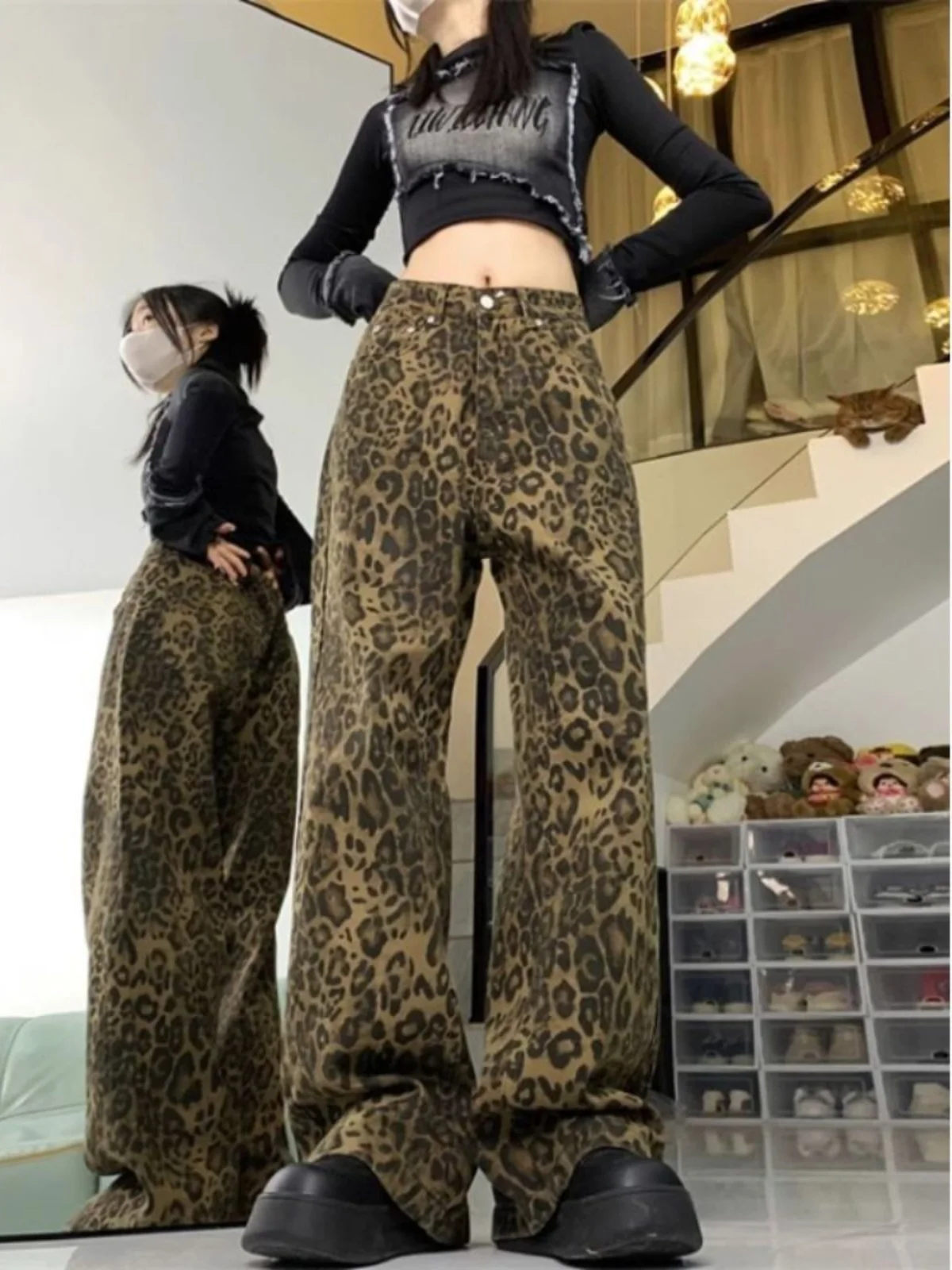 Calças Jeans de Perna Larga com Estampa de Leopardo Retro Americana, Cintura Alta, Ajuste Solto, Crimento até o Chão para ...