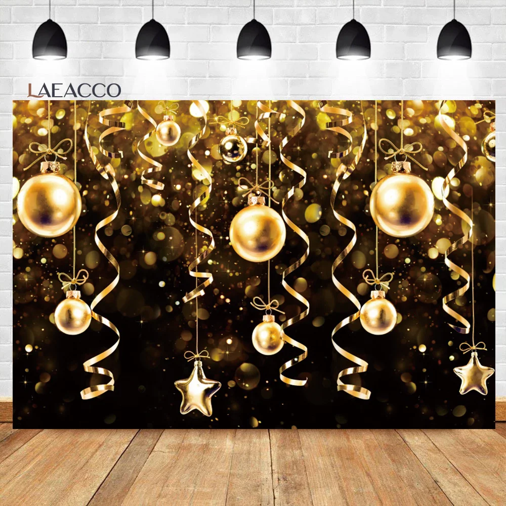 

Laeacco Christmas Photography Backdrops Gold Glitter Light Bokeh Xmas Ball Stars New Year Party Kids Adults Portrait Background