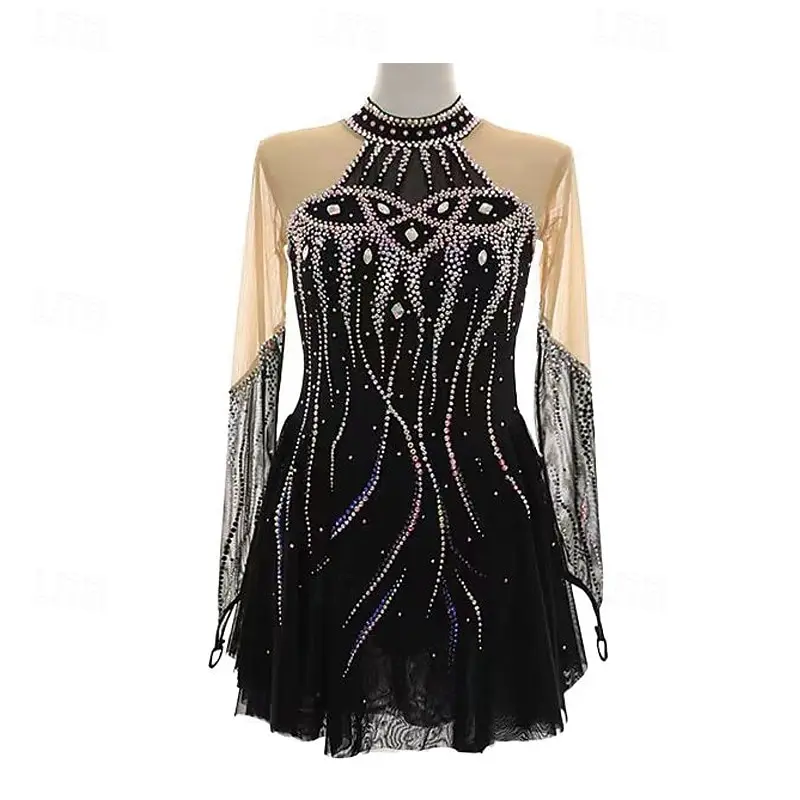 

Платье для фигурного катания, женское черное эластичное тренировочное платье для профессионального катания на коньках, теплое теплое платье с кристаллами/стразами