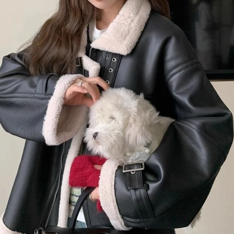 2025 블랙 가을 겨울 인조 모피 가죽 재킷 두꺼운 신상 바이커 코트 양털 겨울 루즈 재킷