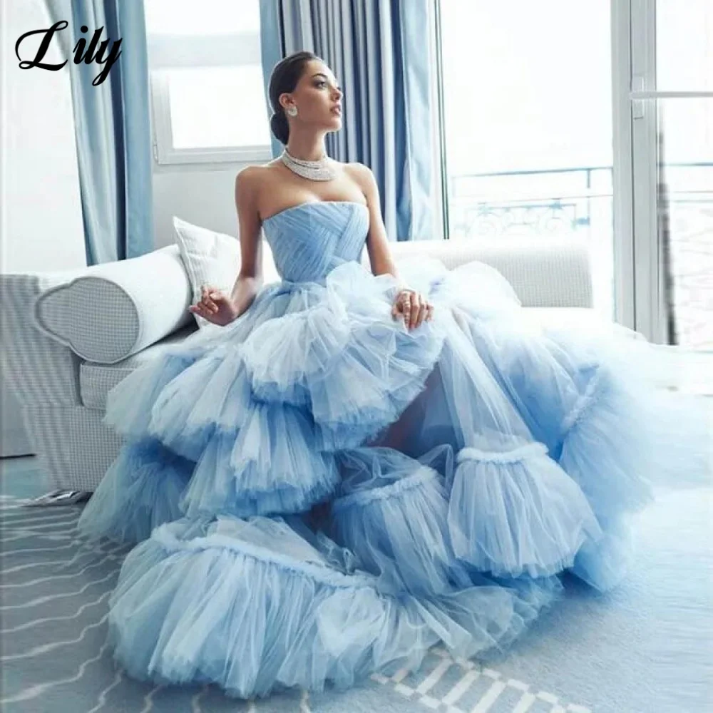 

Lily Sky Blue Elegant Formal Gown Strapless Backless Sleeveless Prom Dress Pleating Layered Trailing Evening Dresses Customized