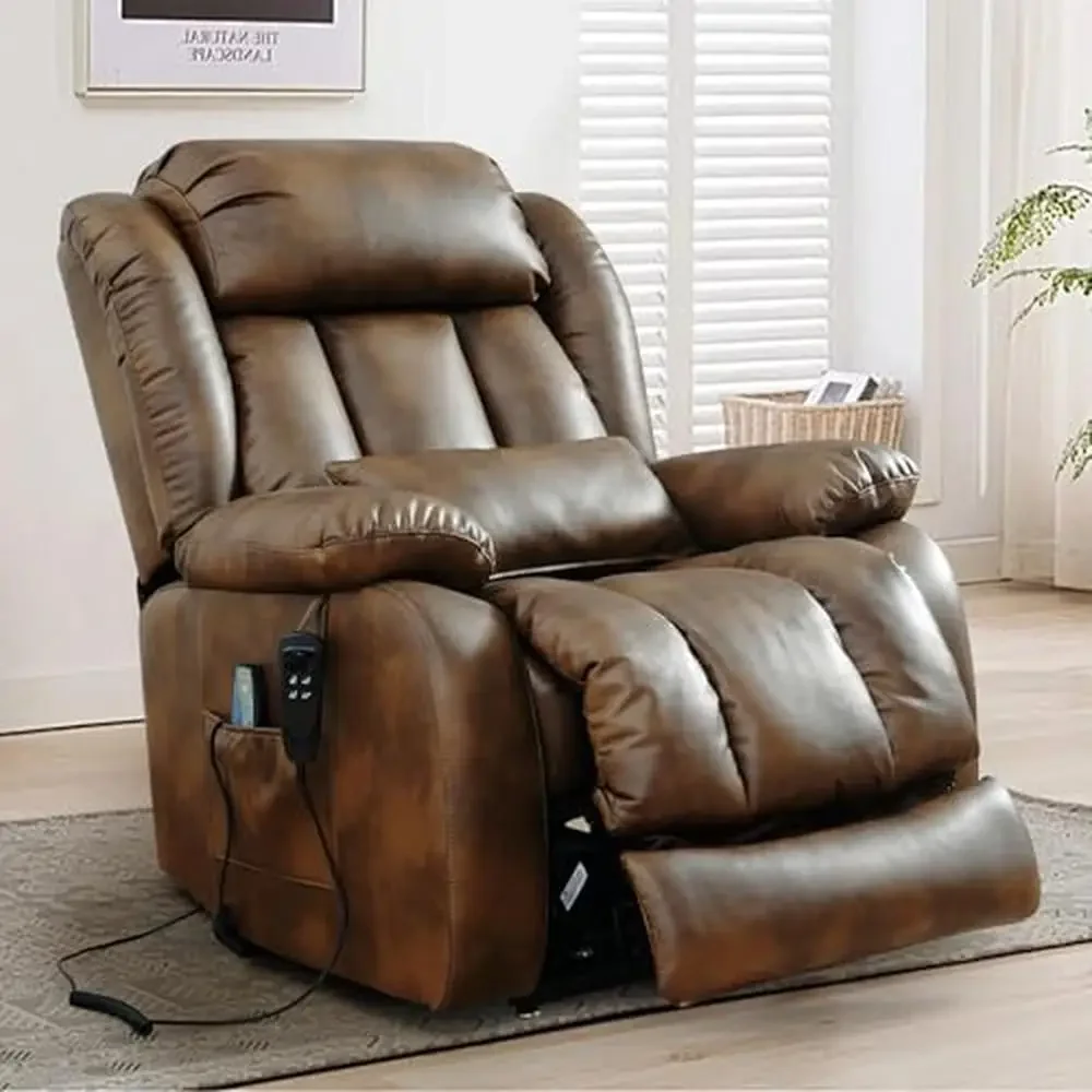 Dual Motor Power Lift Recliner Chair Genuine Leather Elderly with Extended Footrest Lumbar Pillow Massage Heating Remote Control