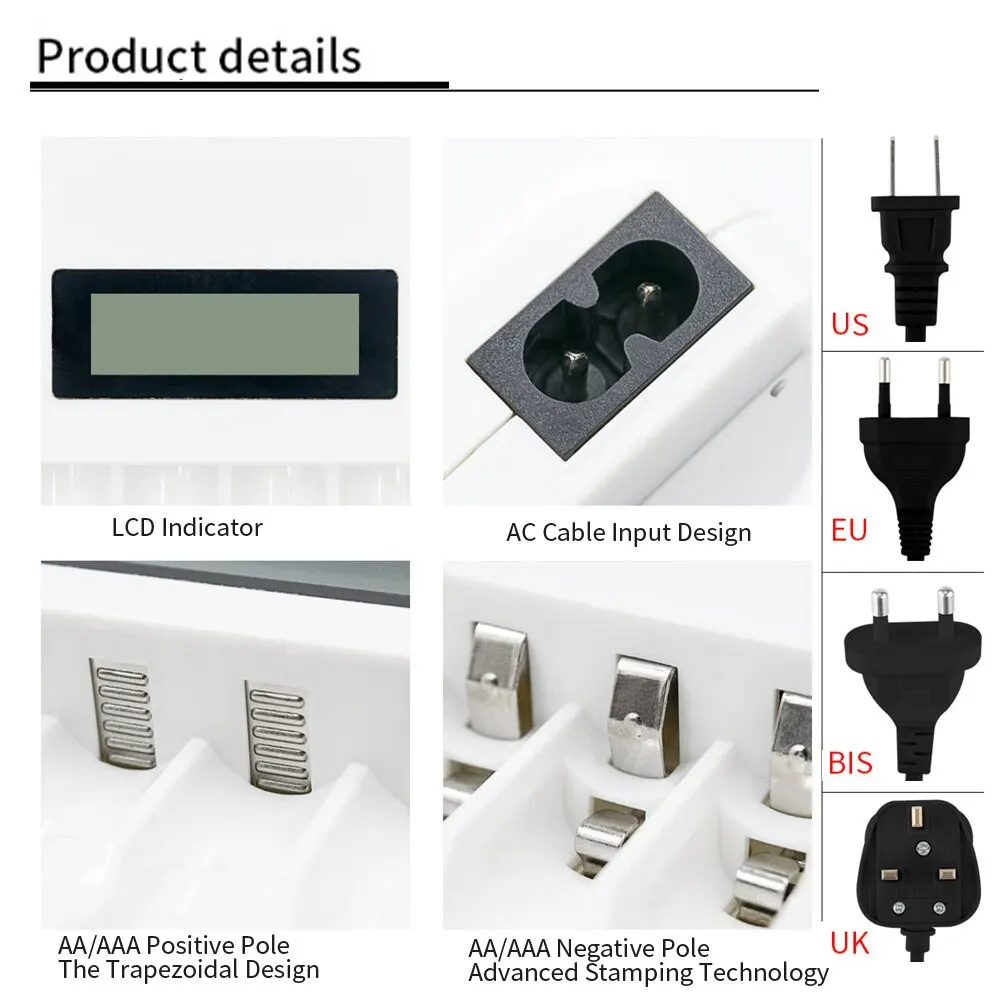 PUJIMAX 4 Slots LCD Intelligent Display Battery Charger US/EU/UK Plug Power For AA/AAA Ni-Cd Ni-Mh Rechargeable Batteries Charge