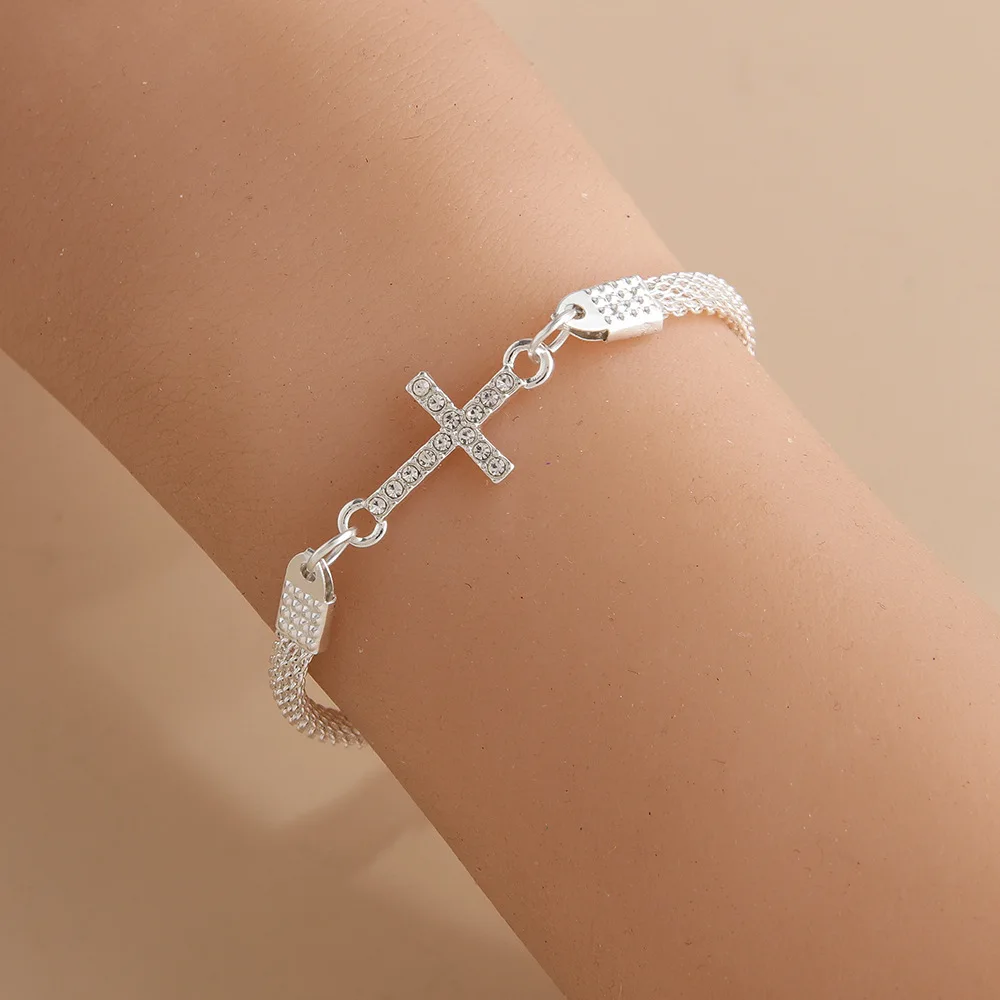 Alloy Rhinestone Cross Bracelet Handmade Braided Mesh Chain Faith Bracelet For Men Women