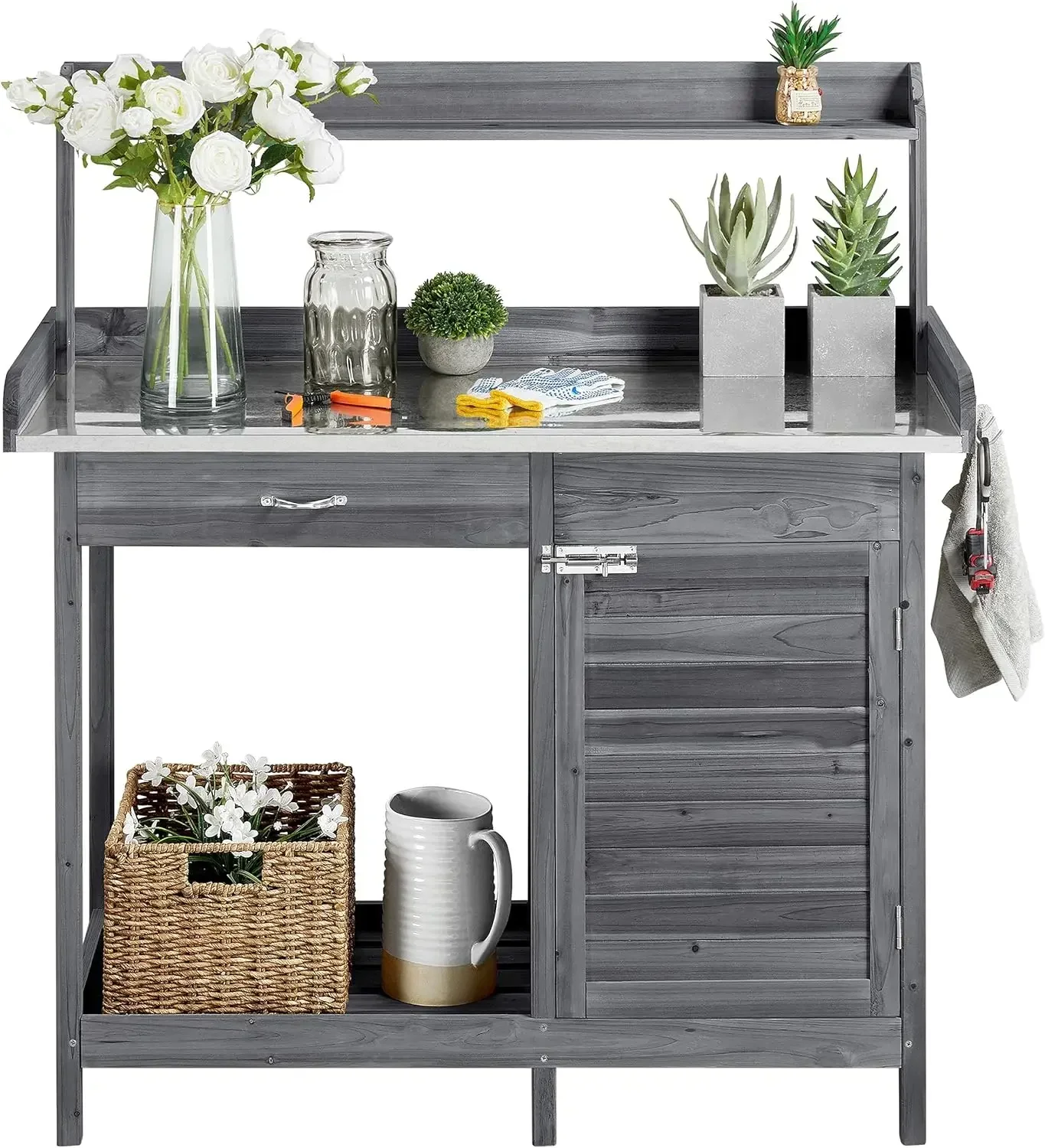 Outdoor Potting Bench Table, Garden Workstation w/Metal Tabletop/Cabinet DrawerOpen Top/Lower Shelf/Handy Hooks