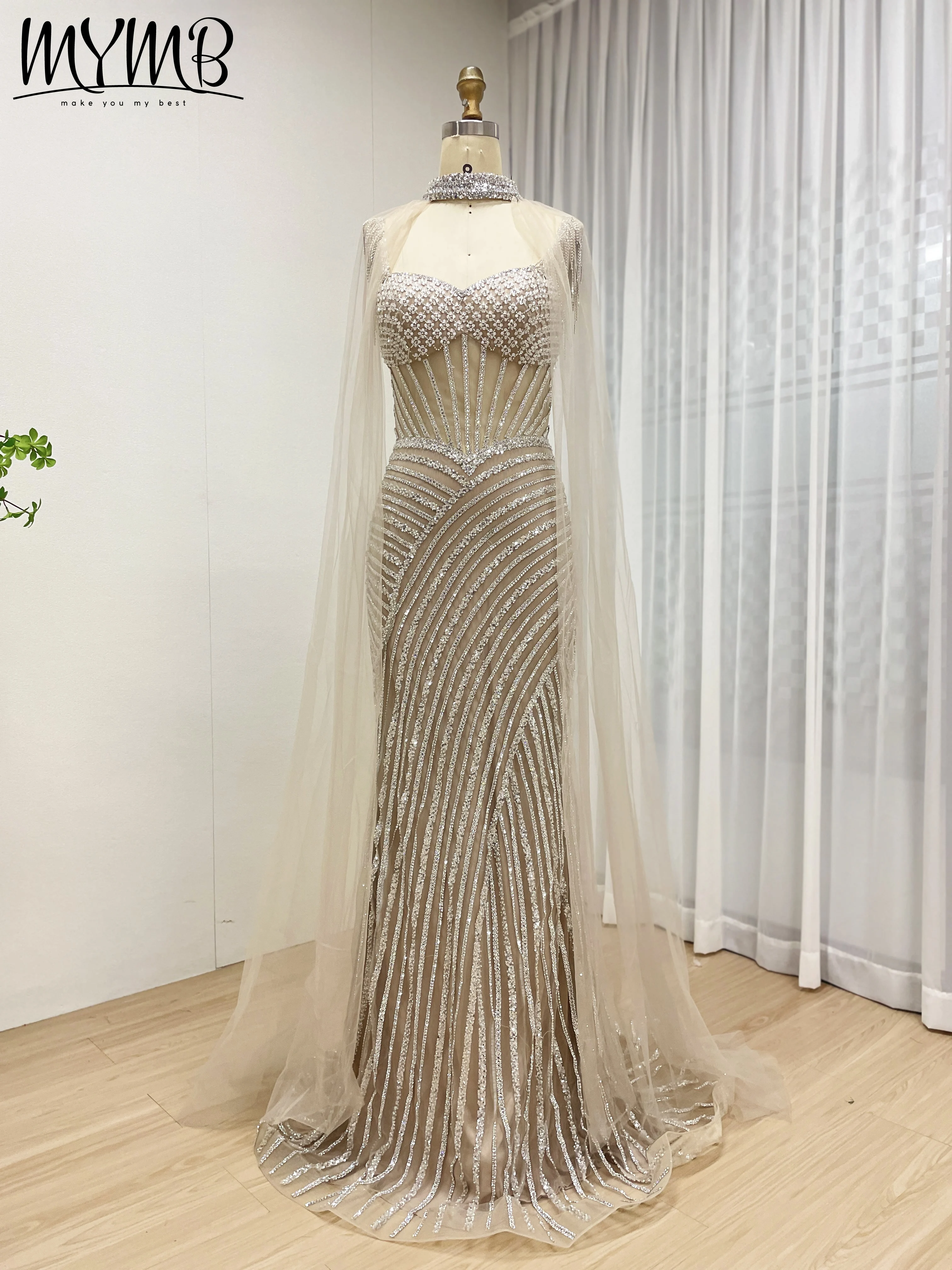 MYMB Spaghetti Strap Long BLUE Mermaid Beaded Cape With Sleeves Evening Dresses Gowns for Women Wedding Party Customized MB40394