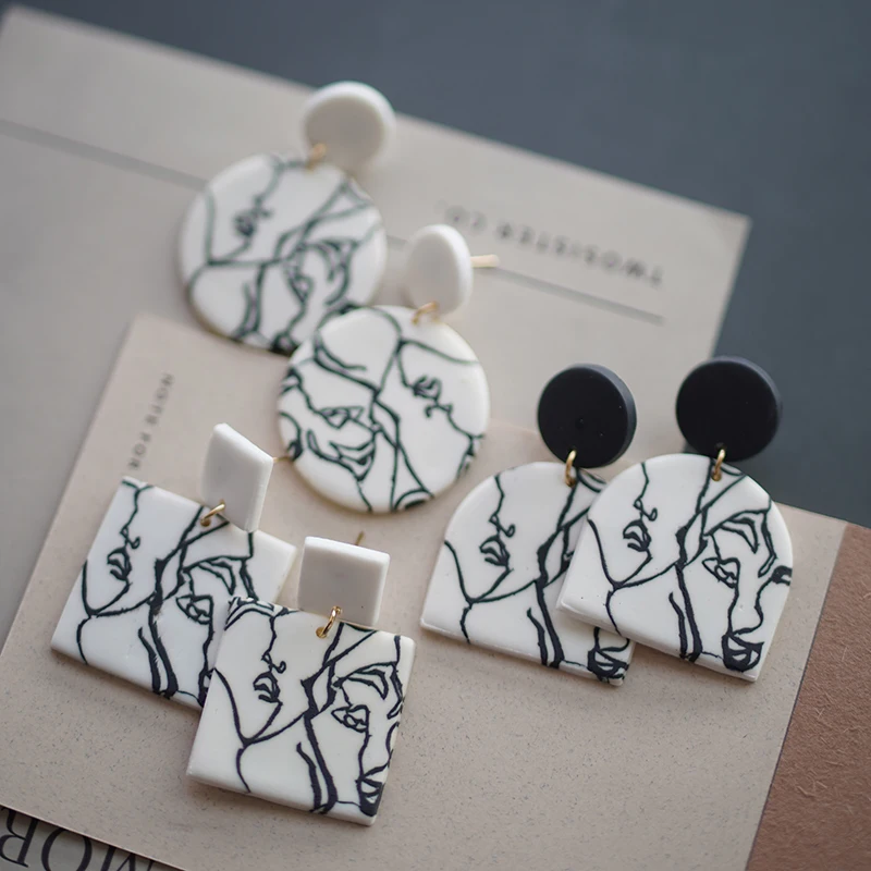 

Modern Art Figure Abstract Long Dangle Pendant Multi Shapes Black White Handmade Polymer Clay Earrings Sets For Woman Party