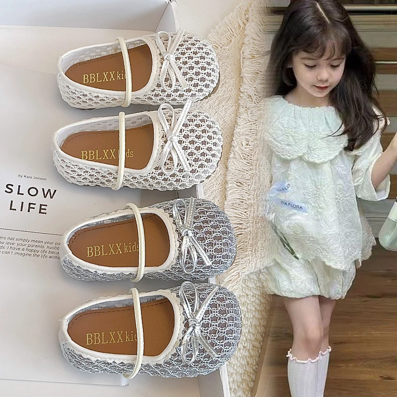 2026 Summer Best-Selling Girls' Mesh Hollow Bow Casual Sandals Lightweight Soft-Soled Children's Sandals Shallow Design