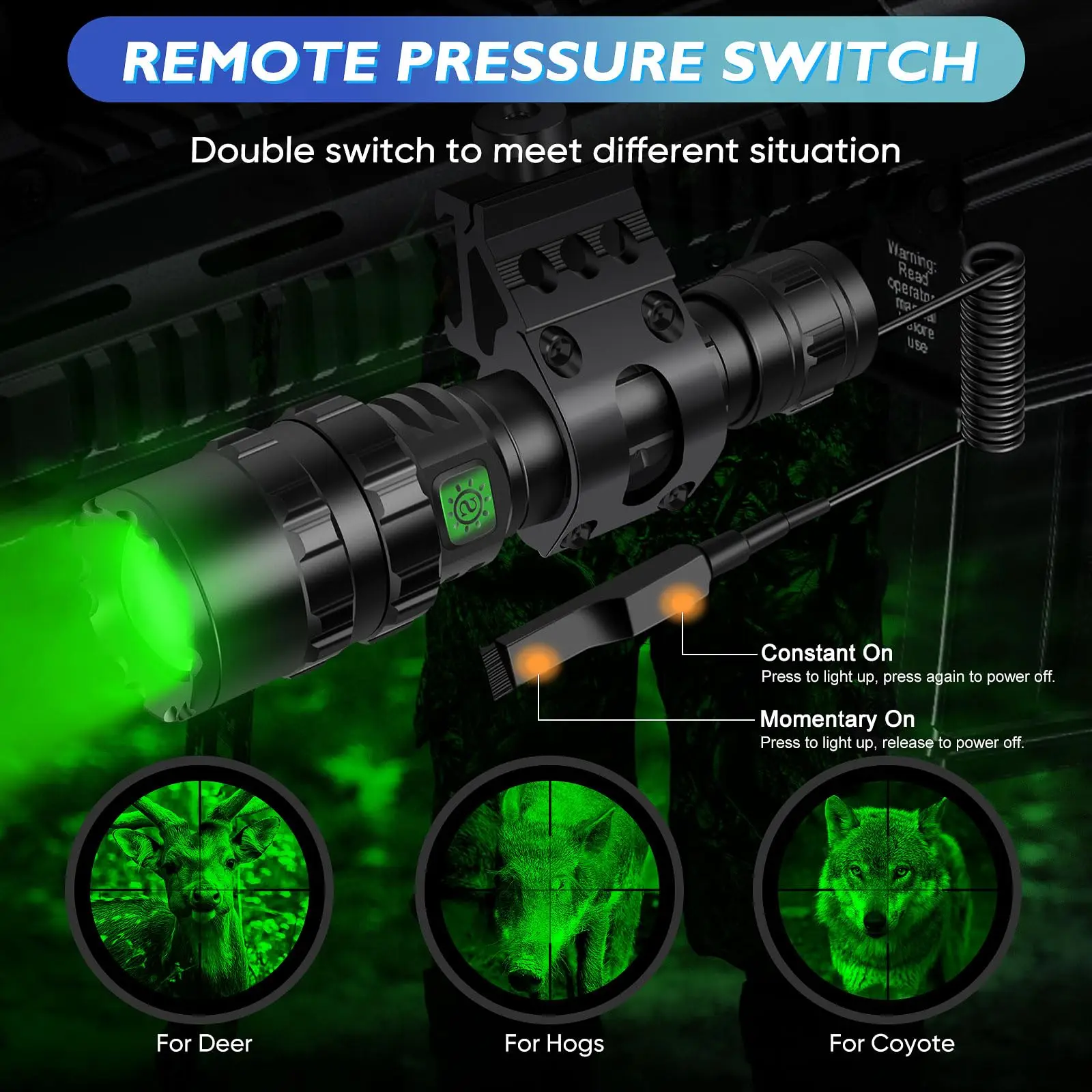 LED Green Light Tactical Flashlight, Zoomable & 5 Lighting Modes Green Hunting Light, Predator Light  with Dual Pressure Switch