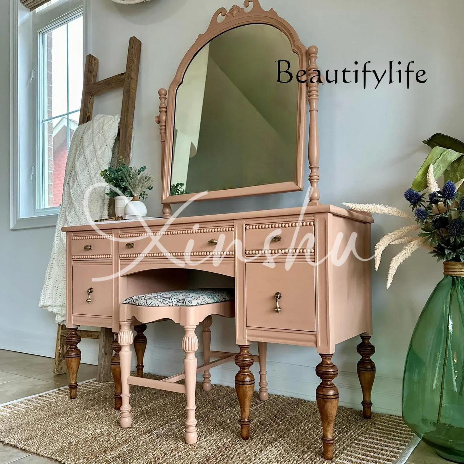 

X French Carved Solid Wood Dresser Bedroom Makeup Table And Chair Combination American Country Desk Storage Cabinet