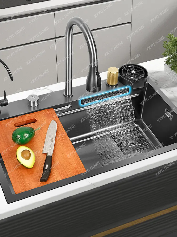 with Waterfall Faucet Nano Stainless Steel Large Single Slot Black Wash Basin  Above Counter/Apron Front/Undermount