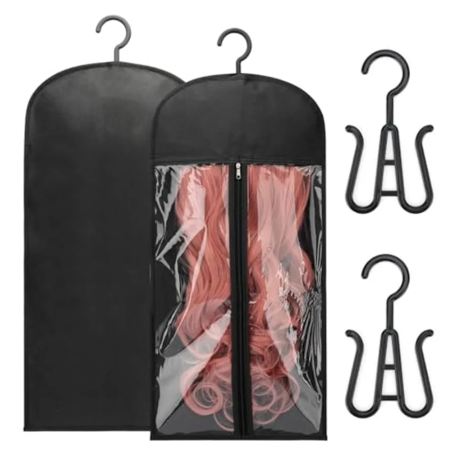 

Wig Storage Bags for Home/Salon/Travel Use, Polyester, Black, Dust-proof Space-saving with Hanger Hook for 2 Wigs Extensions