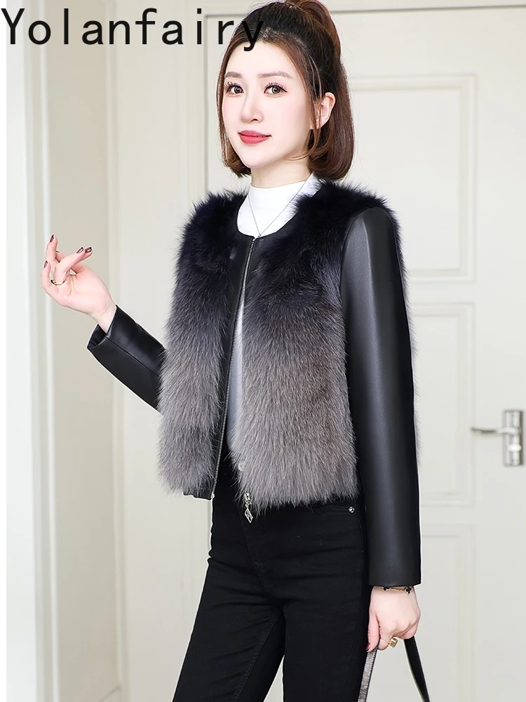 YOLANFAIRY Top Quality Real Sheepskin Spliced Fox Fur Coat Woman Winter Short Warm Down Coat O-neck Genuine Leather Jacket Women