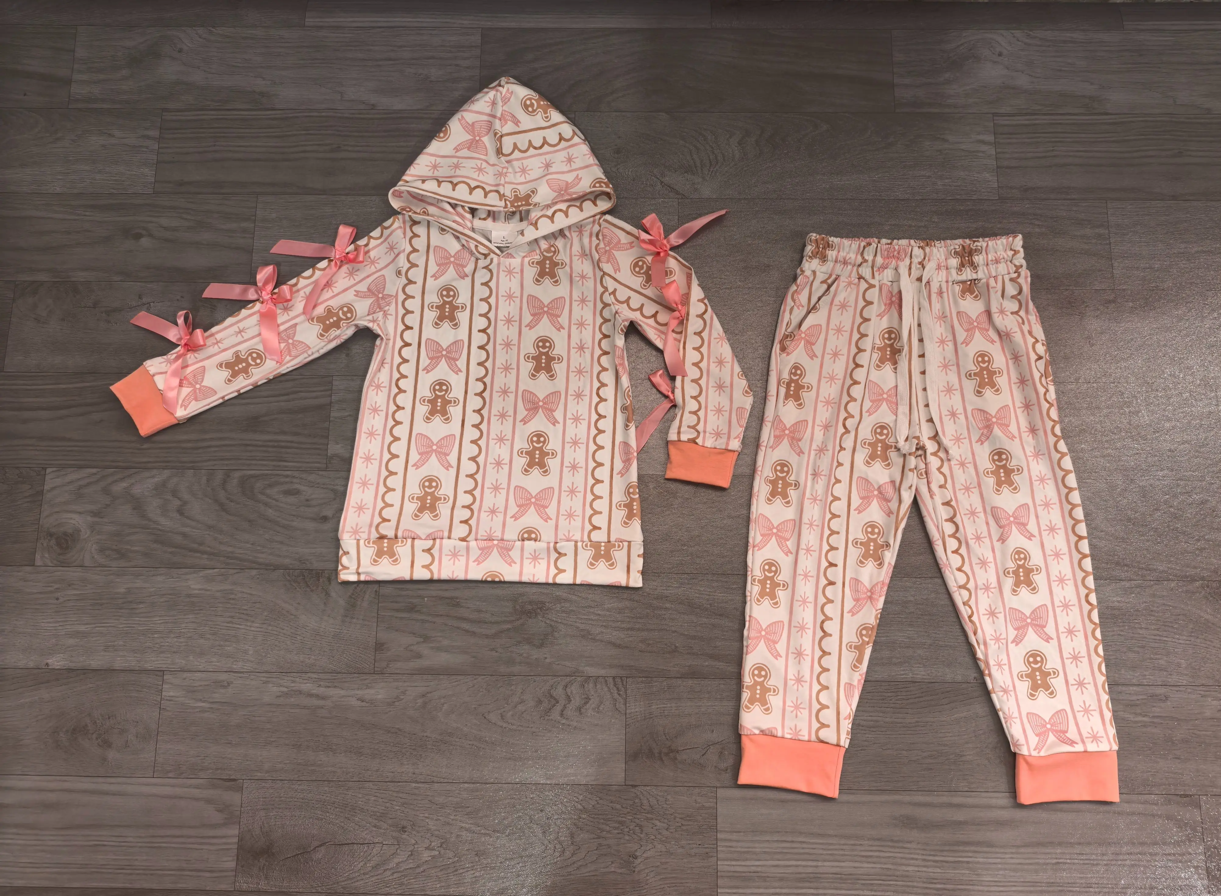 Wholesale Toddler Kids Christmas Gingerbread Set Long Sleeve Bows Hoodie Shirt Baby Girl Clothing Pockets Pants Children Outfit