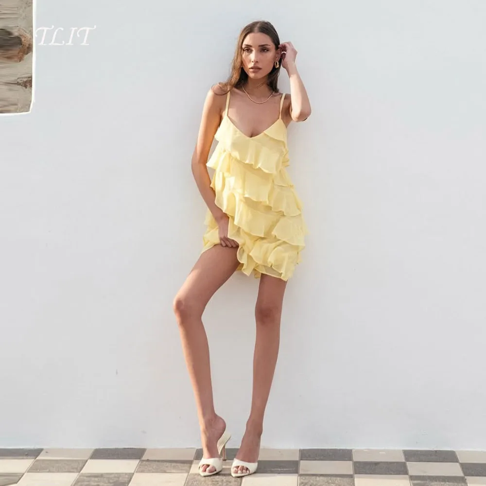 

TLIT Простые детские желтые шифоновые короткие многоярусные вечерние платья Сексуальные коктейльные платья на тонких бретельках Индивидуальные платья с v-образным вырезом