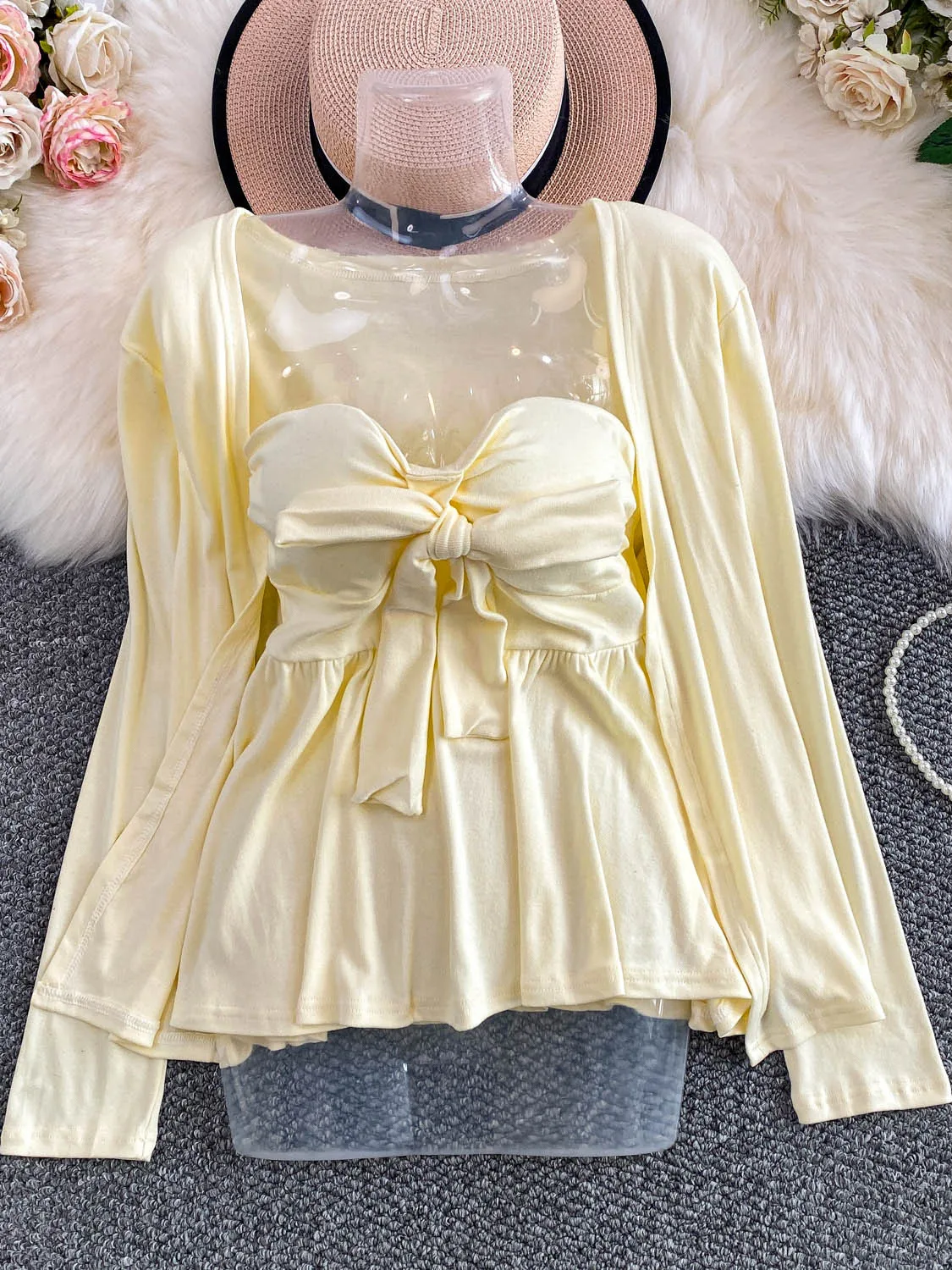 

2025 New Korean Sle Women's Knitted Open Cardigan Jaet Slimming Vest Top Set with Belt And Chest Pad Long Sve V-Ne