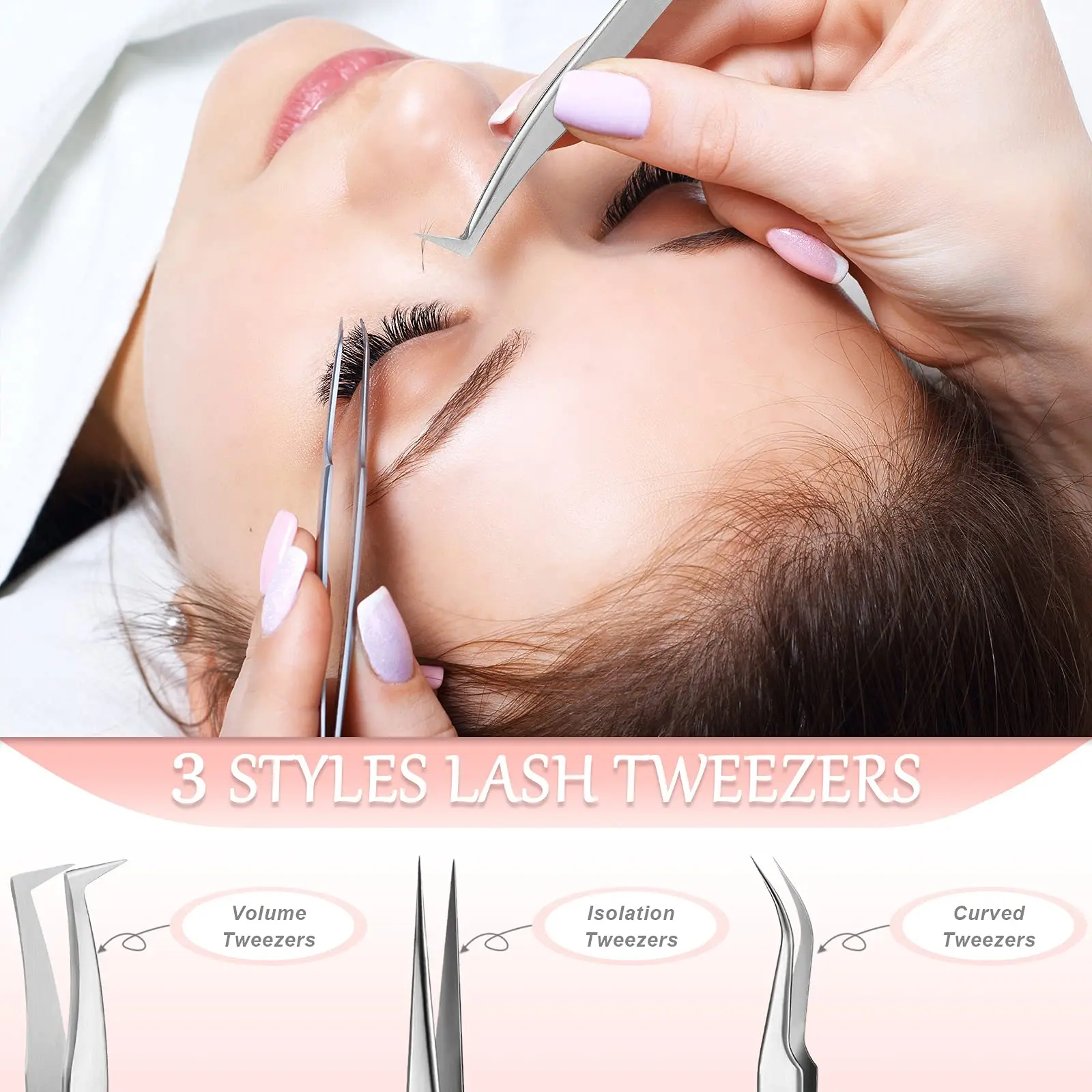 1 Stück/5 Stück Pinzette für Wimpernverlängerungen, gerader und gebogener Edelstahl, individuelles Volumen, Isolationspinzette mit Box
