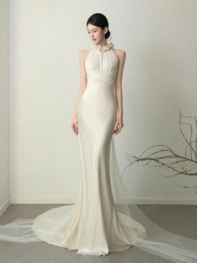 

Ele White Fi Tail Wedding Dr Ne Hanging Sle Bridal Gown Outdoor Entrance Ceremony Long Sve Chiffon Dr