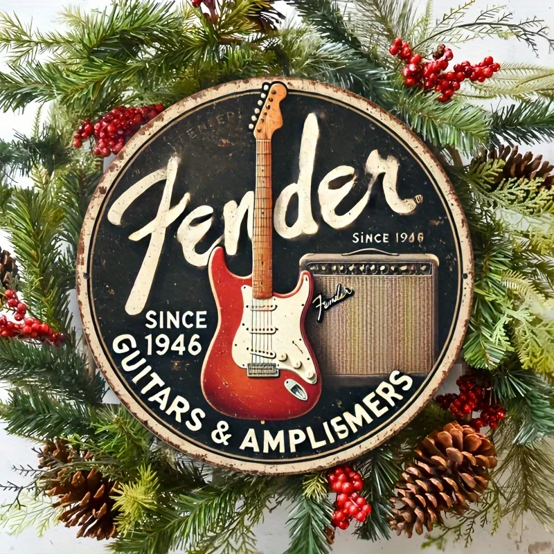 Vintage Fender Guitars & Amplifiers Metal Tin Sign, Retro Since 1946 Electric Guitar Circular Wall Decor Plaque, Classic Music S view 3