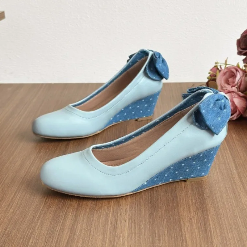 New Autumn Bow Wedges Mary Jane Shoes Women Round Toe Polka Dot Details Shallow Comfort Match with Top Elegant Heels  for Women