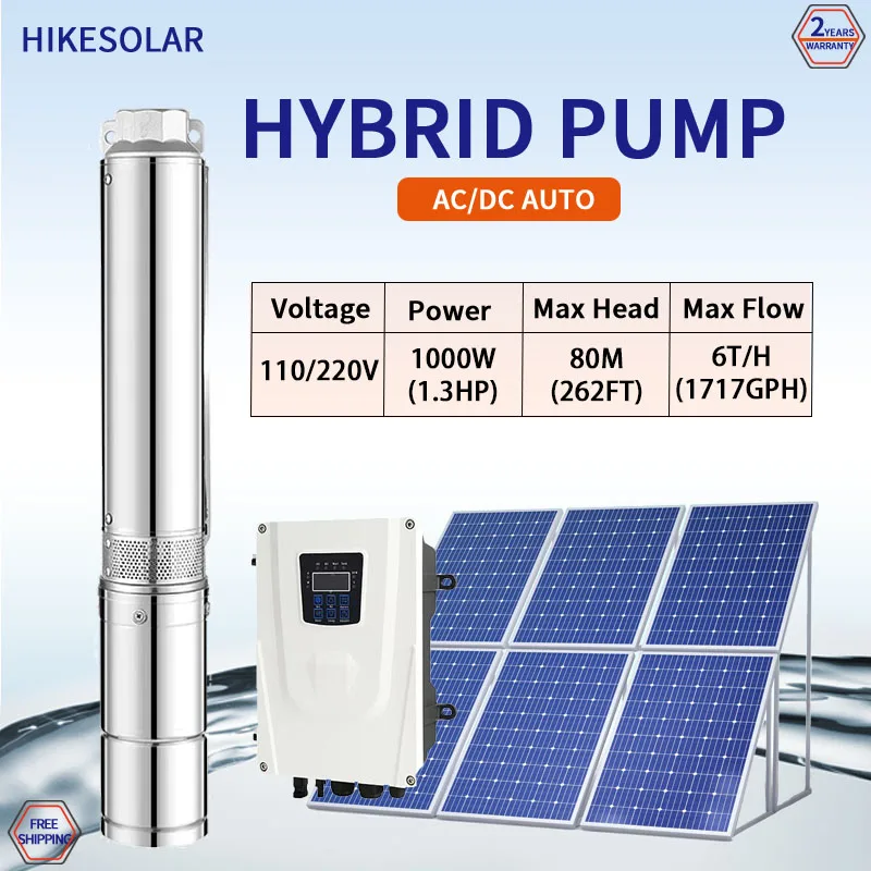 

Hybrid Solar Water Pump AC/DC Auto-Switch 1.3HP Deep Well Pump MPPT Hybrid Solar Inverter System Price Hybrid On Grid Off Grid S