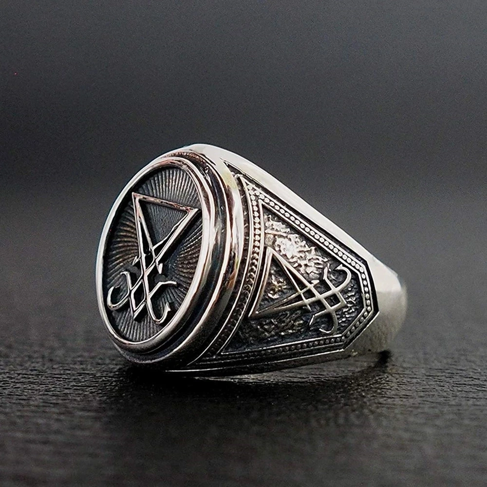 Lucifer Morningstar Ring Cosplay Props Satan Rings Jewelry Vintage Goth Satanic Signet Stainless Steel Rings Metal Accessories