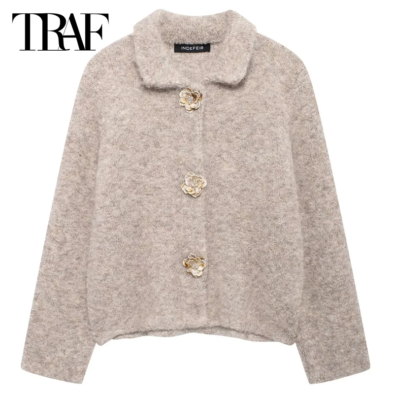 TRAF Women 2024 Flower Button Cardigan Women\'s Sweater Autumn Long Sleeve Khaki Outwears Knit Sweaters Elegant Fashion Cardigan