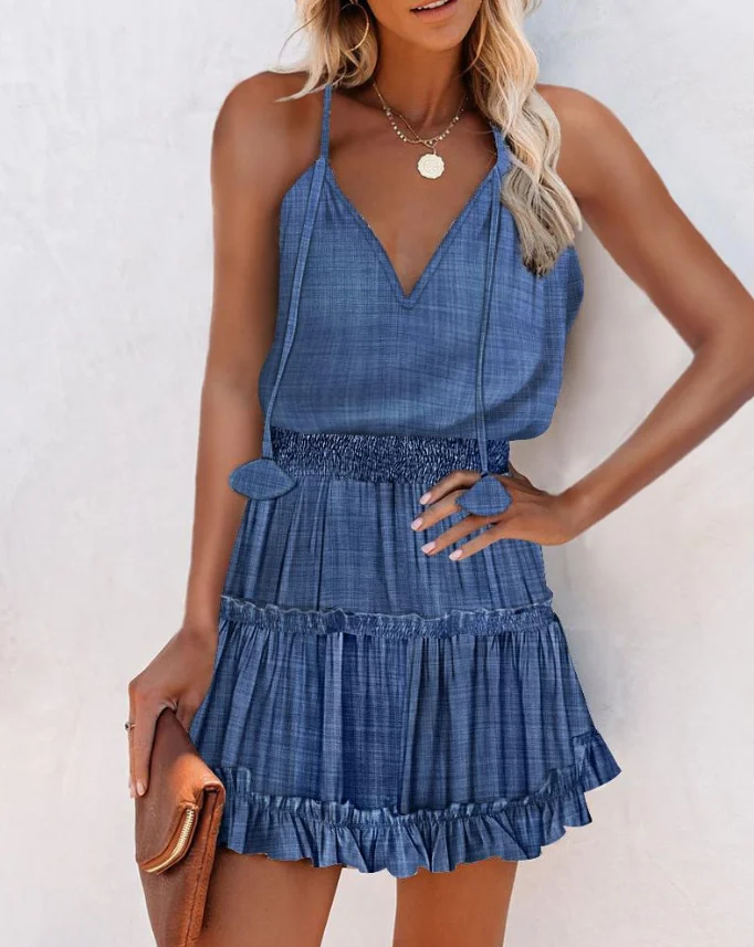 

Women's Dresses 2023 Summer Fashion Ruffle Hem Shirred Waist Casual V-Neck Sleeveless Plain Daily Vacation Mini Cami Dress