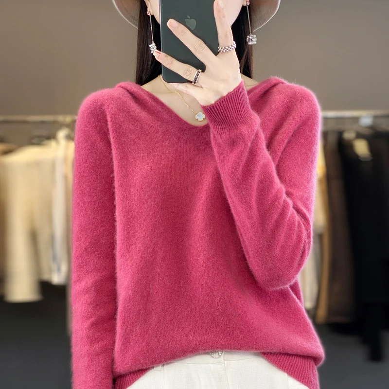 100% Merino Wool Hooded Sweaters Women Knitted Pullover Top Winter Warm Soft V-Collar Polychrome Sweater Women's Jumper