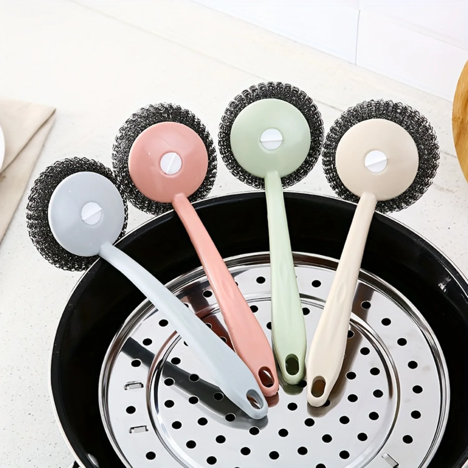 Long-Handle Stainless Steel Scrubber - Rust-Proof, Non-Scratch  Cleaning Brush For Pots & Dishes