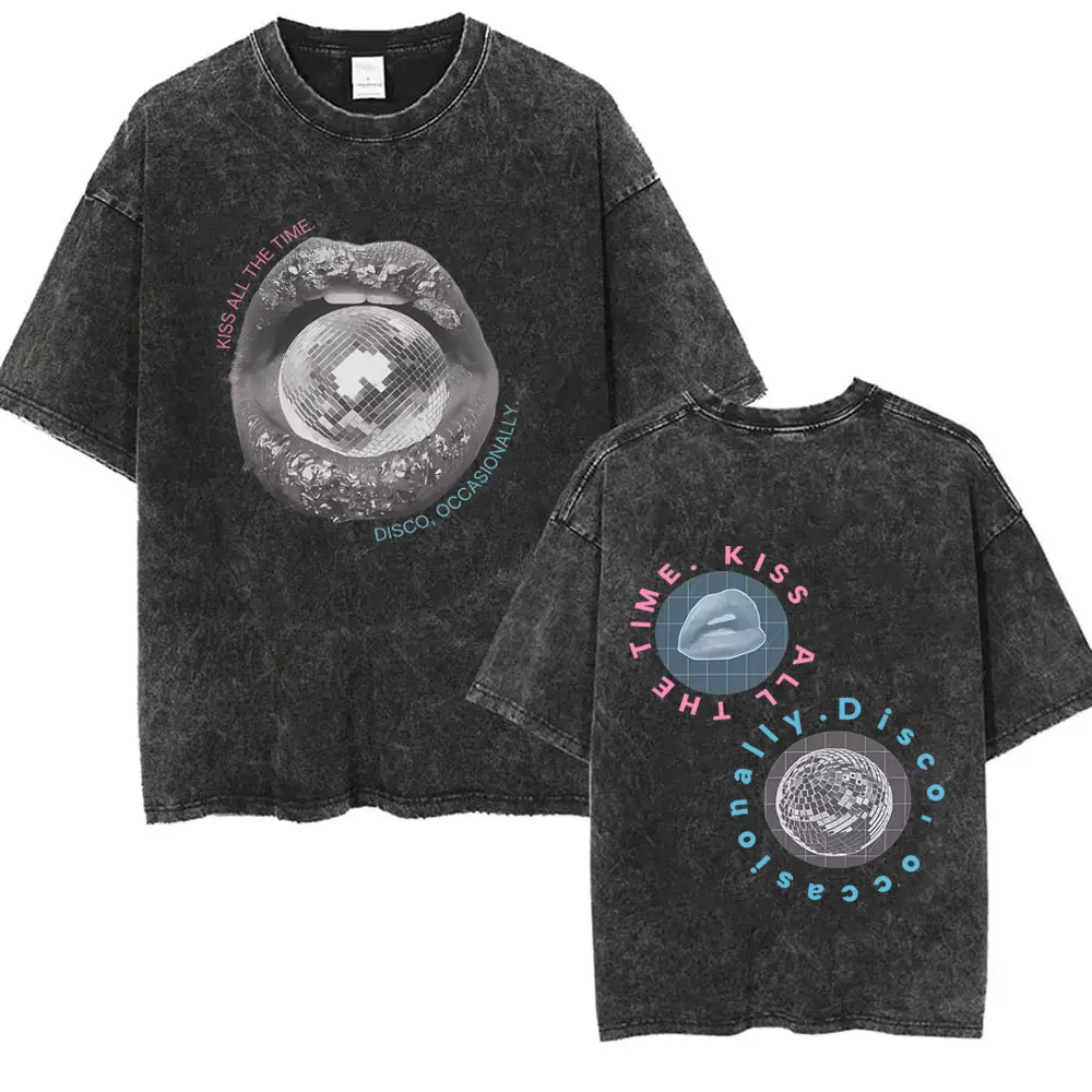 

Kiss All The Time Disco Occasionally Washed Vintage T-shirt Men Women Clothing Fashion Oversized Tshirt Male Hip Hop Retro Tees