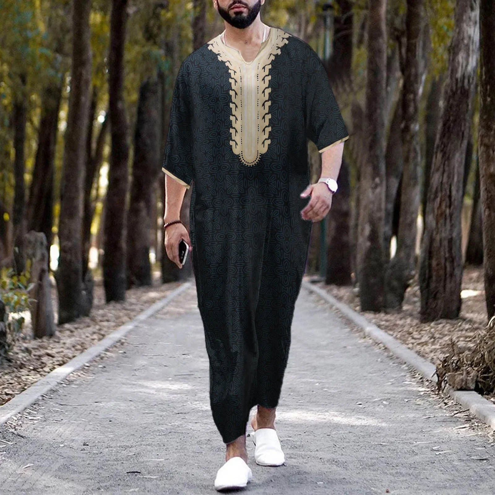 

Vintage Embroidered Arab Robe Men's Muslim Clothing Solid Colour Large Size Islamic Robe Fashion Half Sleeve Muslim Tunic