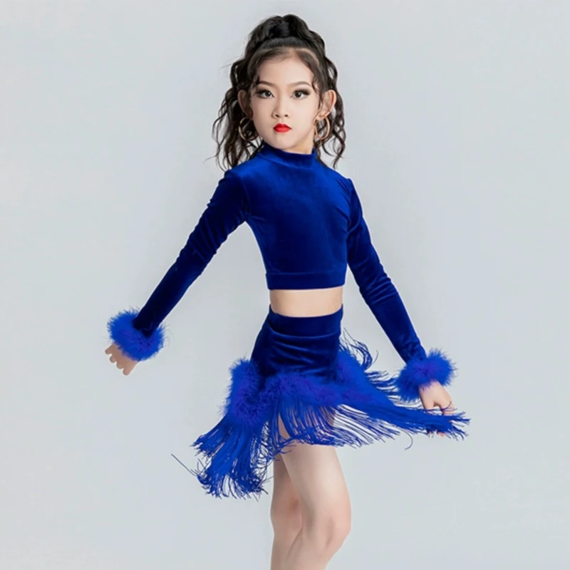 Kids Professional Latin Dance Clothes Blue Velvet Top Fringed Skirts Girls Performance Latin Dance Costumes Stage Dresses SL9184