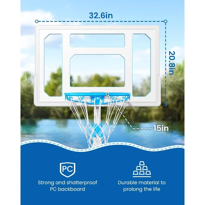 Swimming Pool Basketball Hoop Outdoor, Stainless Steel Adjustable Poolside Water Basketball Goals System with 32 Inch Shatterpro