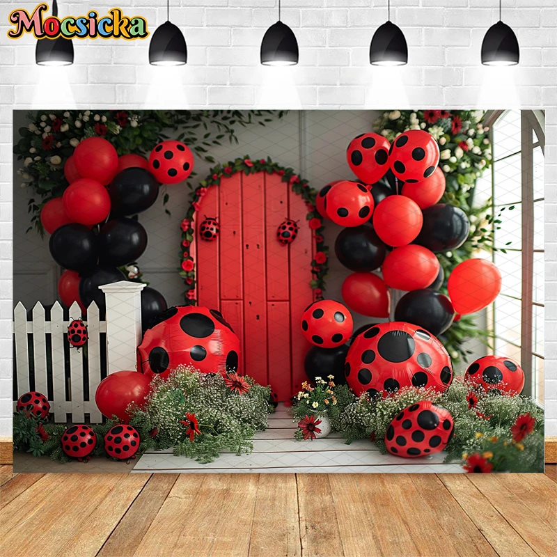 Mocsicka Birthday Party Photography Background Cake Smash Kid Portrait Crushed Beetle Seven-Spotted Ladybug Decor Photo Backdrop