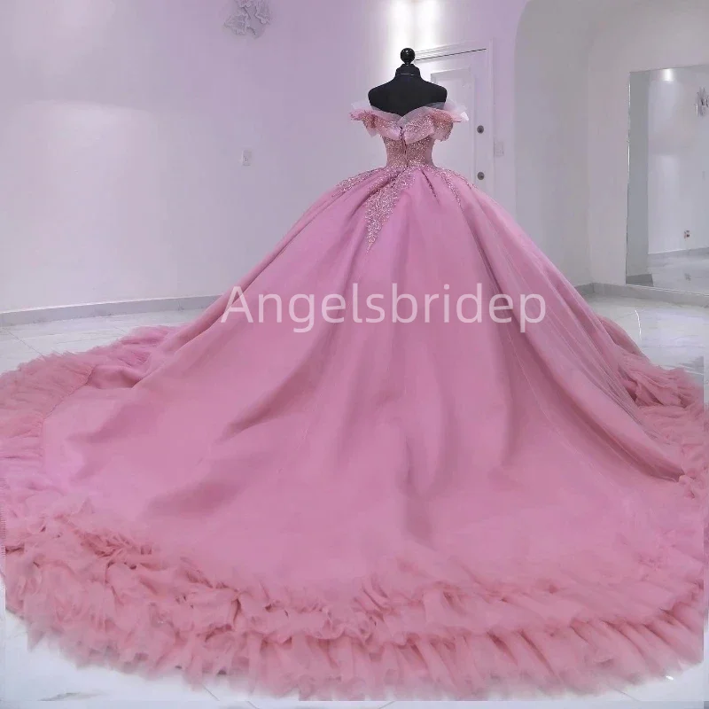 Angelsbridep-Quinceanera vestido de baile rosa com pérola, vestidos de festa plissados, 15 anos