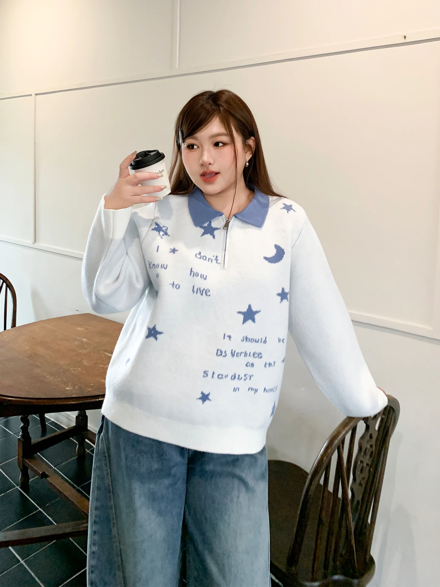 

YUZI Fi Roe Ne Knitwear Loose Star Embroidery Color Blo Winter Women's Faion Long Sve Zipper Knitted Top
