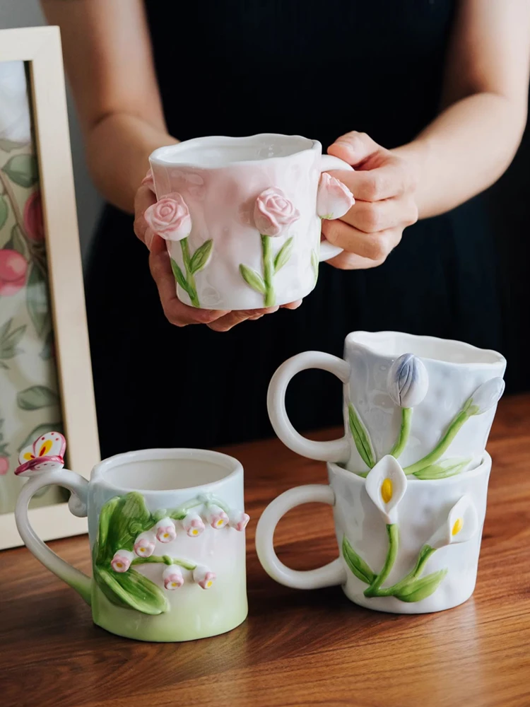 AhunderjIaz-Tulip Ceramic Mug, Handmade Floral Relief Design, Creative Rose Mug, Kitchen Drinkware Set, Home Decoration