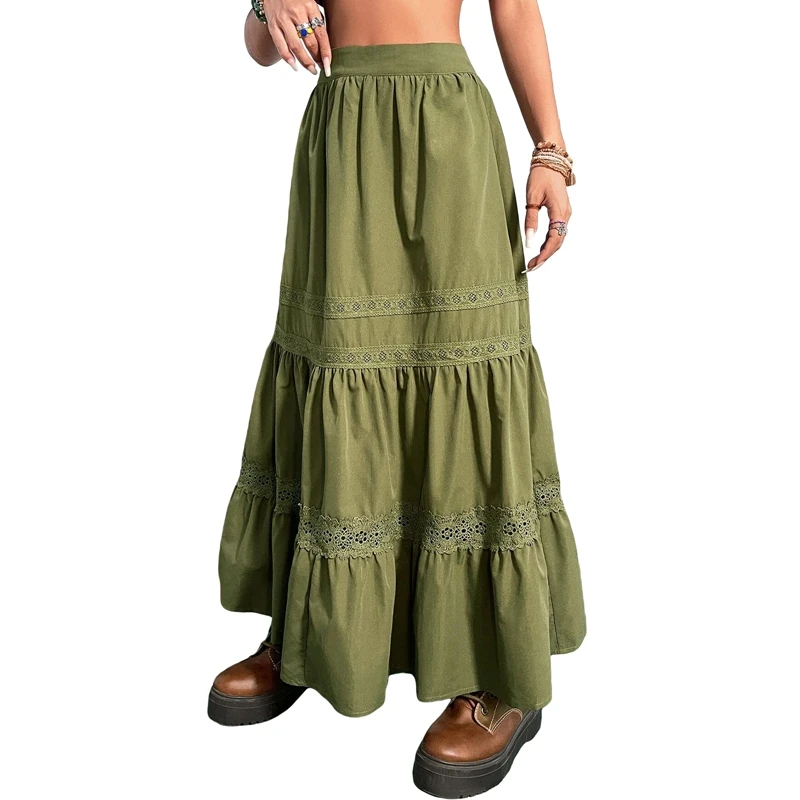 90s Vintage Green Pleated Skirts Korean Fashion Holiday Boho High Waist Long Skirts Retro Y2K Fairycore Cute Lace Trim Clothes