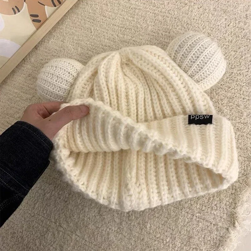 Y2K Bear Ears Thicken Hats Women Soft Harajuku Plush Ear Head Protection Cute Knitted Korean Wool Caps Cool Girl Handmade Beanie